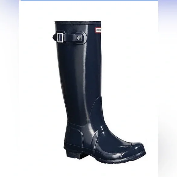 Hunter Original Tall Gloss Navy Blue Waterproof Boots - Picture 2 of 16